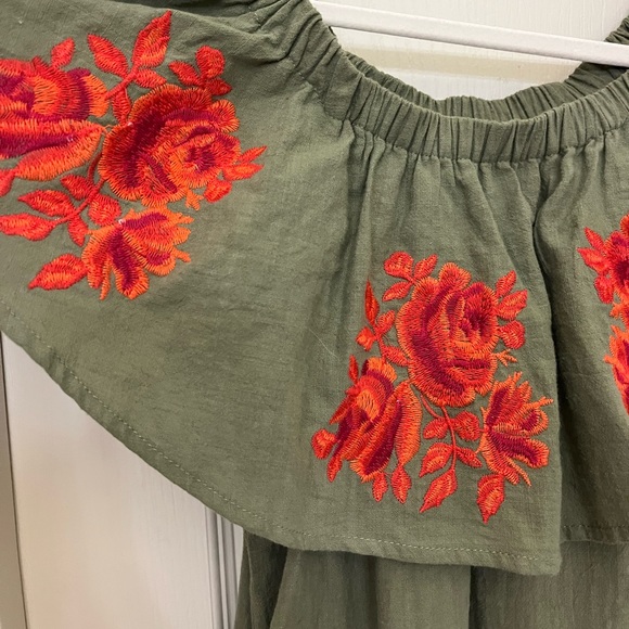Umgee Olive Green Floral Embroidered Off The Shoulder Dress - Picture 6 of 7